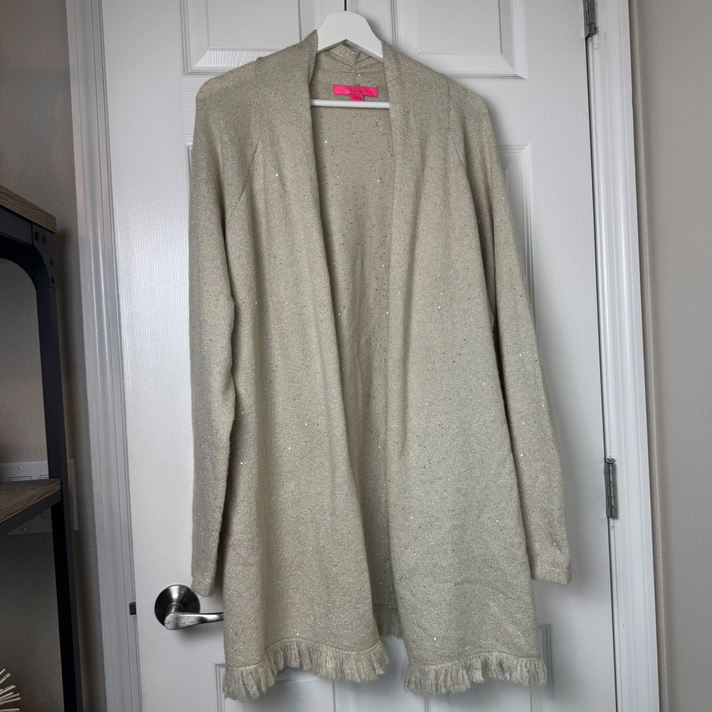 Lilly Pulitzer Cardigan XXL Relaxed Gold Shimmer Sequin Fringe Boho Sweater